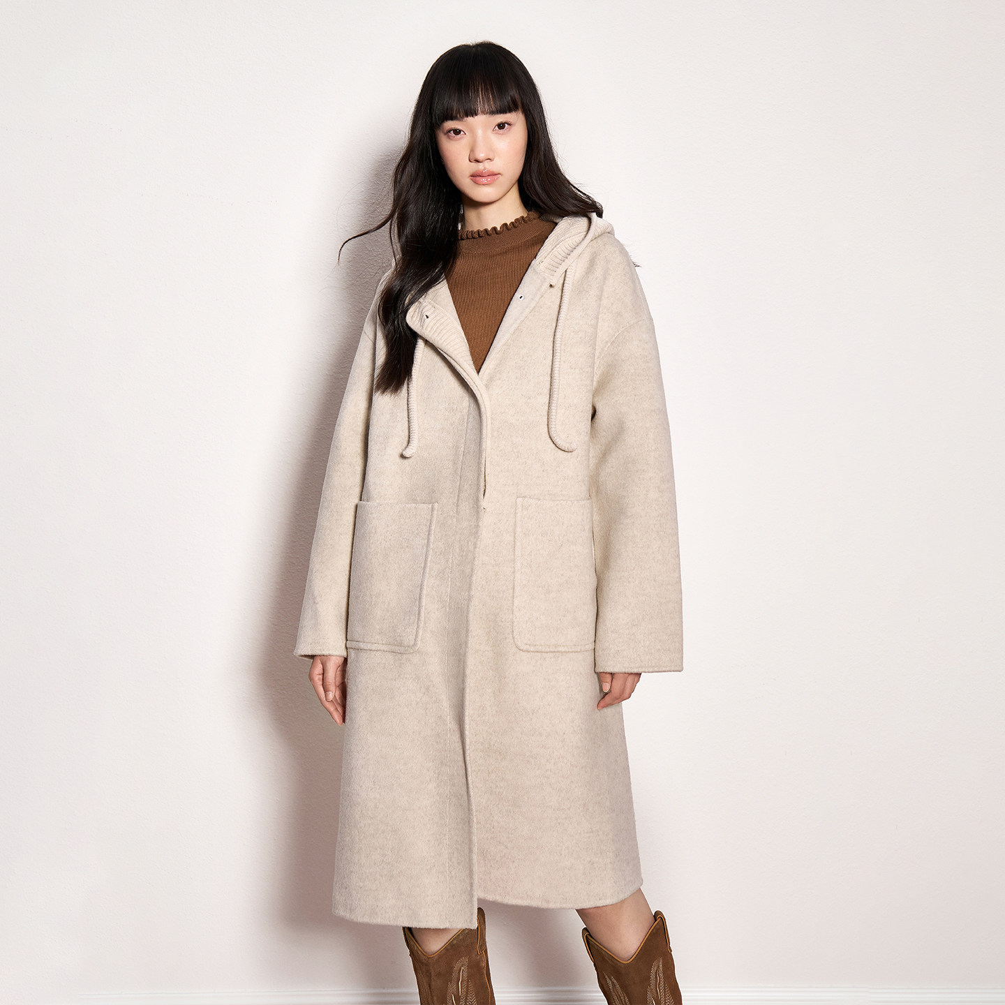 FIVE PLUS双面呢连帽抽绳直筒羊毛混纺中长款大衣毛呢外套,淘宝优惠券,粉丝福利购,淘宝优惠卷