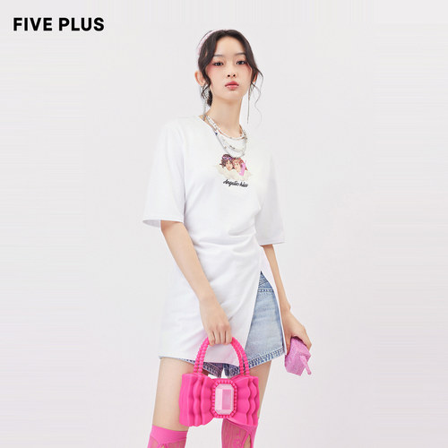 FIVE PLUST恤女复古天使图案短袖开叉别致上衣刺绣 - 图3