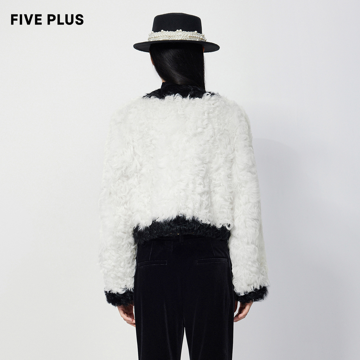 FIVE PLUS羊毛皮外套女气质短款皮草撞色长袖圆领女冬装