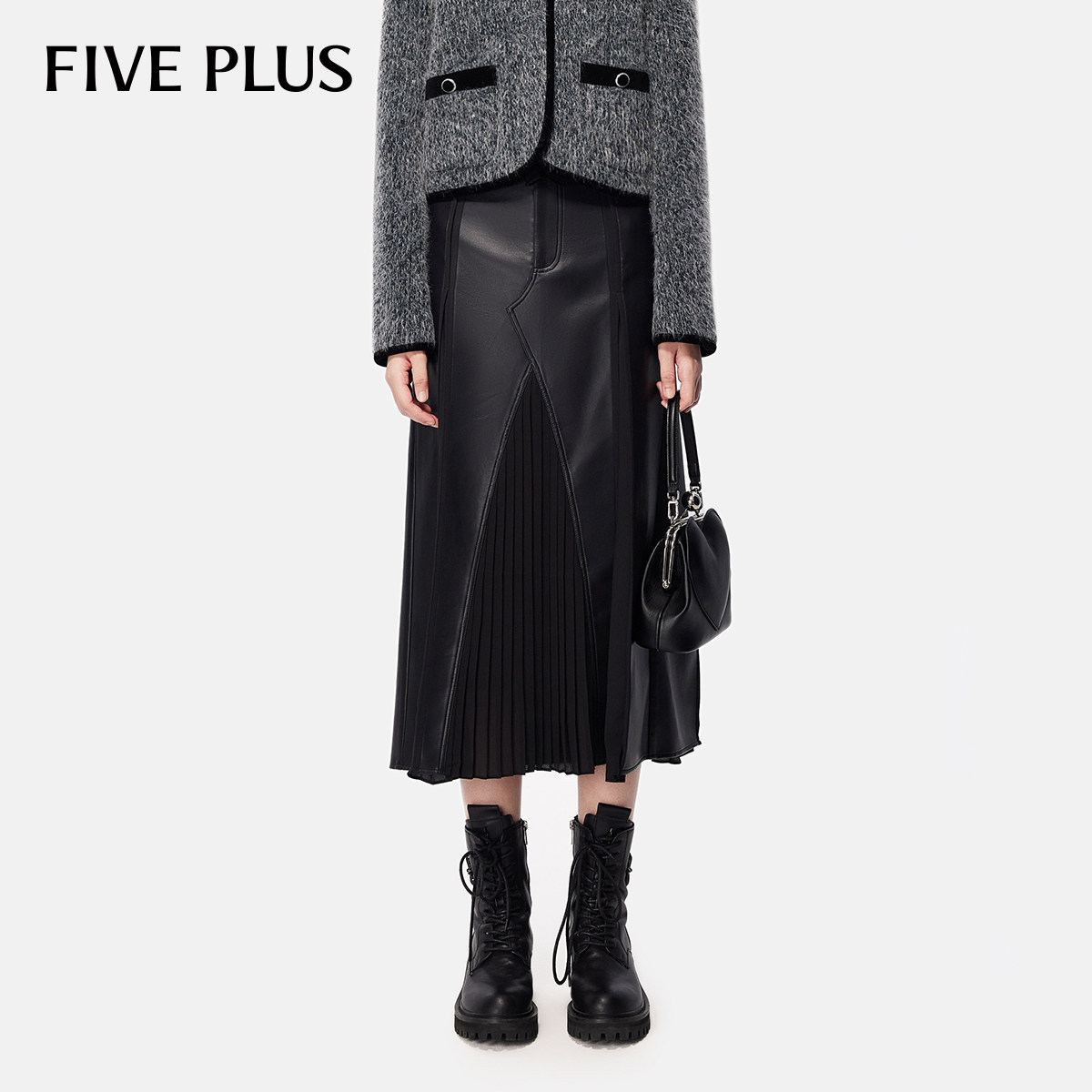 FIVE PLUSPU皮裙女半身裙中长款复古开叉百褶A字裙,淘宝优惠券,粉丝福利购,淘宝优惠卷