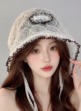 蕾丝网纱亮片系带套头包头帽子女