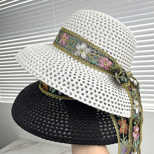 2026新款花朵织带渔夫帽子女夏季透气草编遮阳防晒帽沙滩度假草帽 - 图2