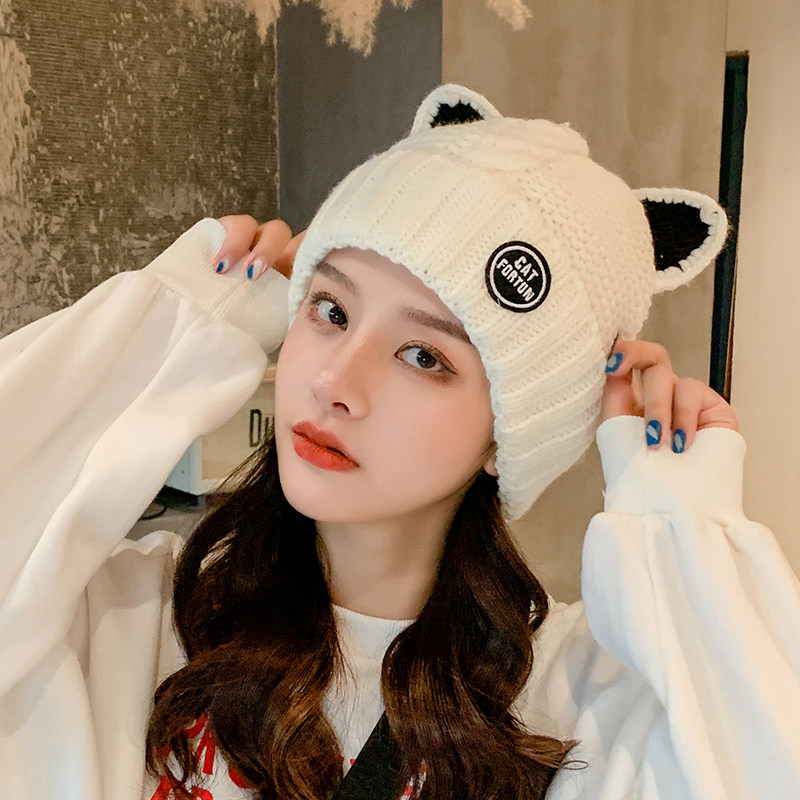 ins猫耳朵针织毛线帽女加绒加厚保暖秋冬帽子可爱百搭包头冷帽潮,淘宝优惠券,粉丝福利购,淘宝优惠卷