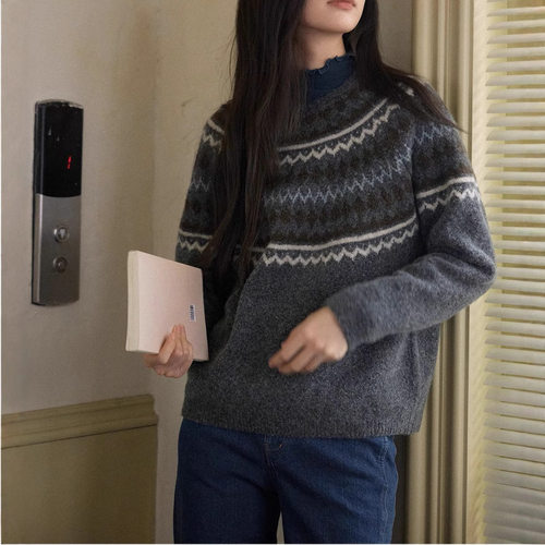 solighter法式复古羊毛费尔岛提花圆领毛衣女秋冬 - 图3