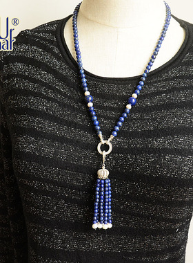 天然流苏深蓝色宝石首饰品毛衣链