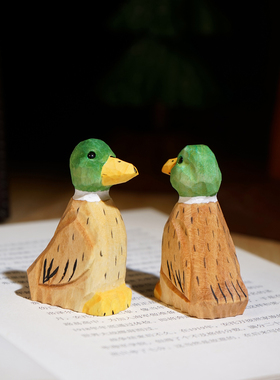 “乖巧小鸭”手工木雕摆件绿头鸭创意工位电脑办公室桌面装饰品