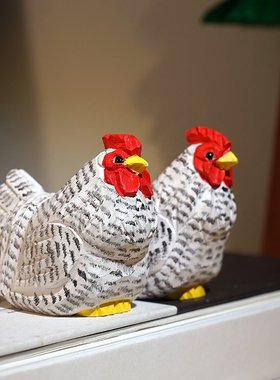 芦花白公鸡手工木雕小摆件