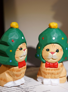 cosplay松树猫咪手工木雕小摆件