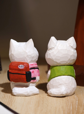 【少量清仓】“小猫去上学”手工木雕小摆件可爱猫咪工位桌面装饰