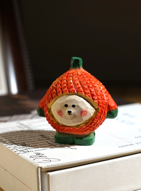 开心榴莲小熊手工木雕小摆件