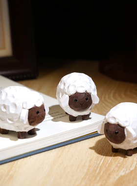 “小羊肖恩”手工木雕小摆件工位桌面家居电视书柜可爱装饰品礼物