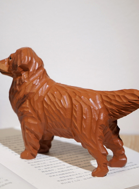 “酱油色大金毛”手工木雕小摆件仿真精品宠物狗犬动物桌面装饰品