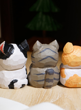 “幸福有鱼”小猫抱鱼手工木雕小摆件可爱工位书桌面装饰品新年