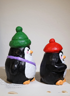 “郊游小企鹅”手工木雕小摆件解压治愈系可爱动物工位桌面装饰品