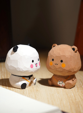 熊猫一二小熊布布手工木雕小摆件
