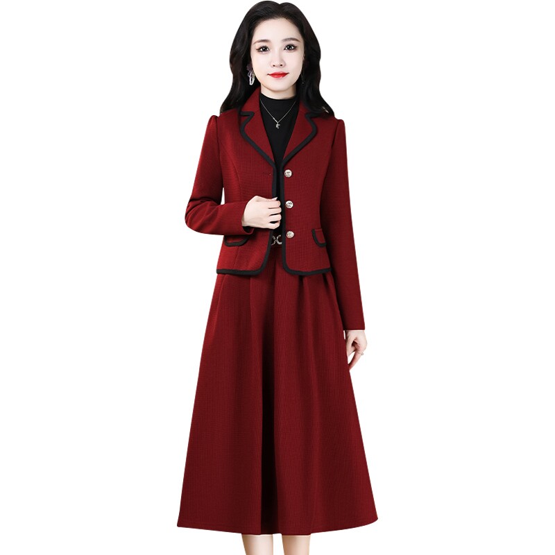 红色小香风两件套装女2024秋冬新款喜婆婆婚宴礼服妈妈毛呢连衣裙