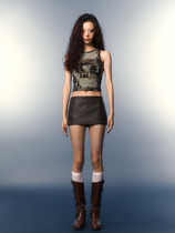 UTU FORNOW rivet design feeling leather skirt dress pants brown western waste soil wind retro 100 lap short skirt woman