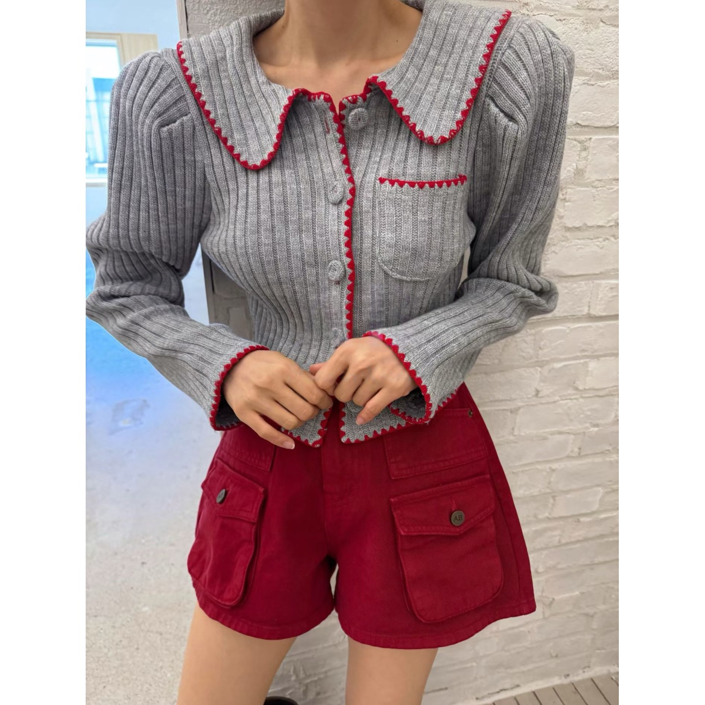 韩国东大门小众设计感娃娃领竖条纹修身显瘦坑条长袖针织毛衣女 - 图1