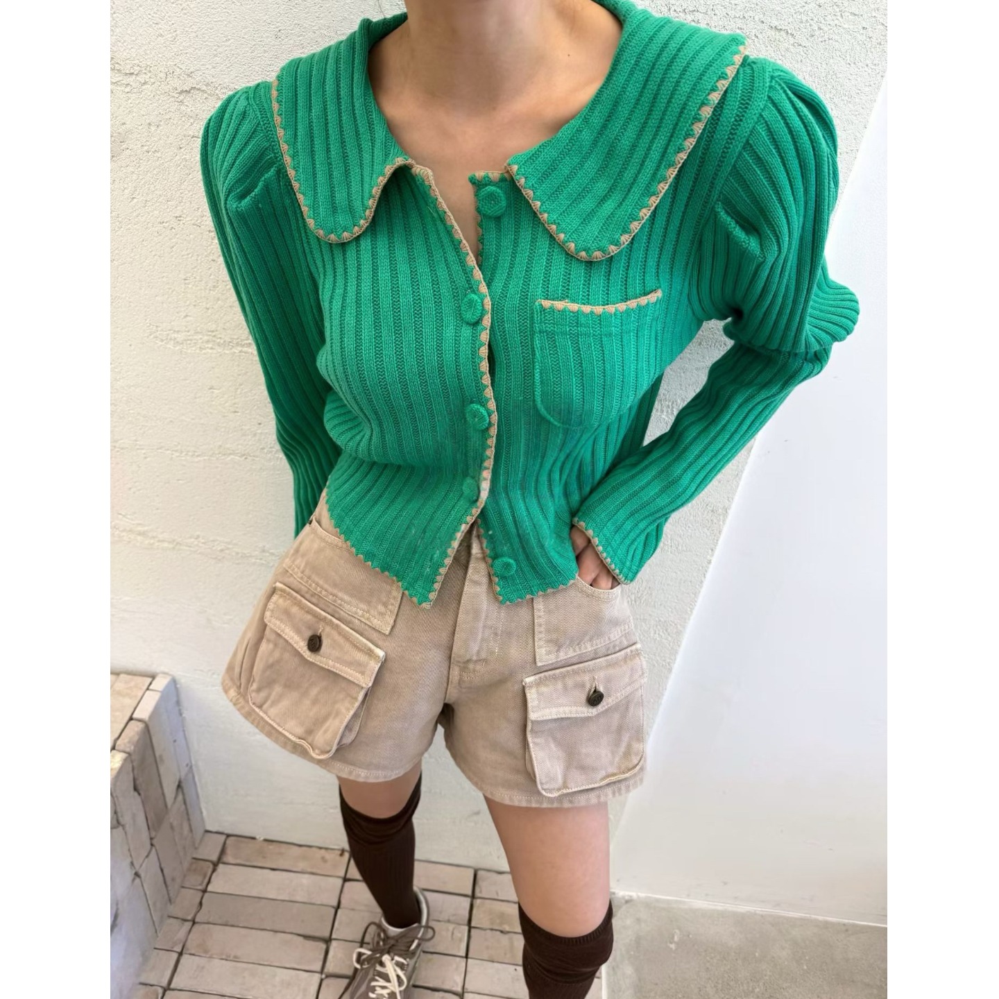 韩国东大门小众设计感娃娃领竖条纹修身显瘦坑条长袖针织毛衣女 - 图2