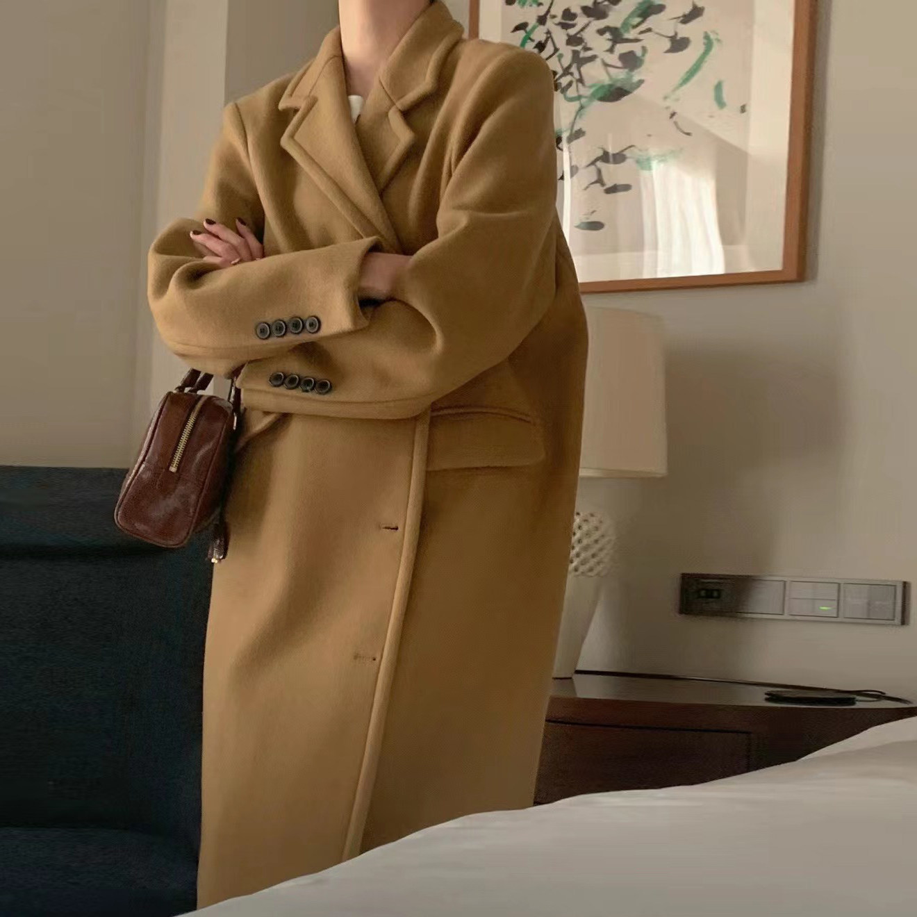 韩国东大门法式高级感气质西装领宽松百搭过膝长款毛呢外套女大衣,淘宝优惠券,粉丝福利购,淘宝优惠卷