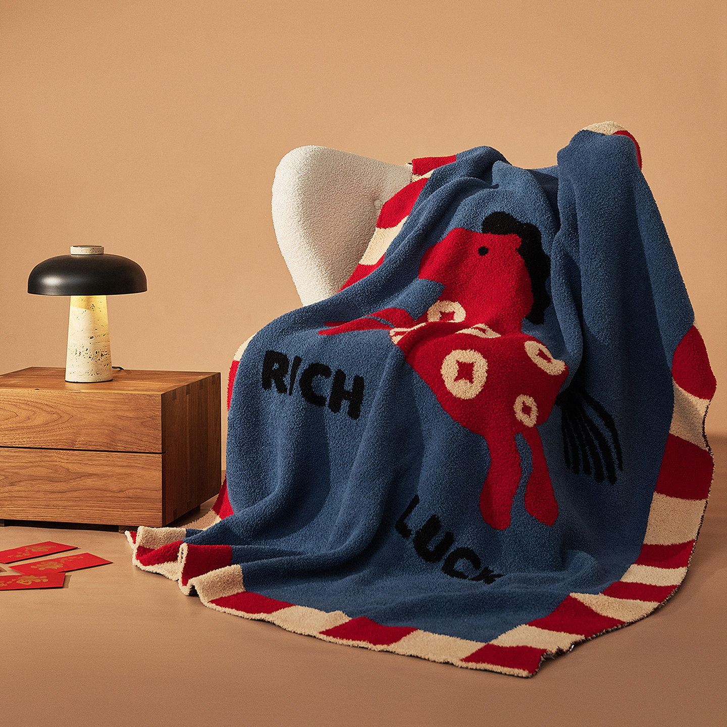 新款2026年马年喜庆毛毯沙发毯加厚针织半边绒客厅办公室午休毯子