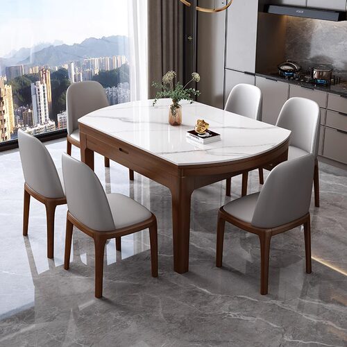 岩板餐桌椅组合现代简约轻奢家用小户型伸缩折叠可变圆形实木饭桌 - 图3