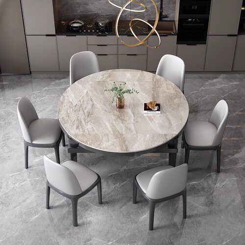 岩板餐桌椅组合现代简约轻奢家用小户型伸缩折叠可变圆形实木饭桌 - 图0