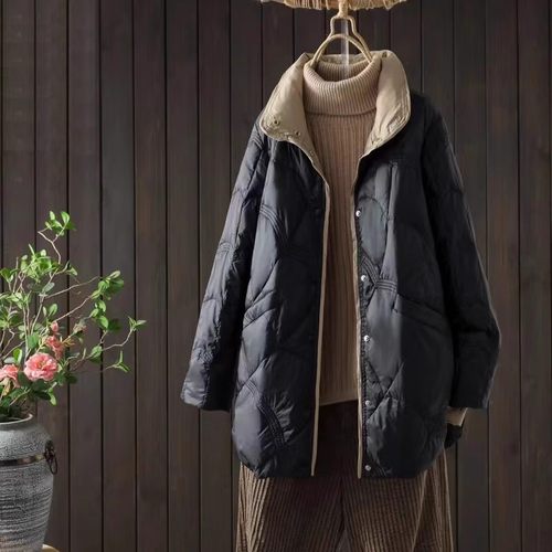 大码轻薄羽绒服女200斤中长款2025新款胖mm宽松反季妈妈薄款外套 - 图0
