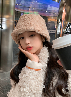 白色毛绒渔夫帽女秋冬保暖