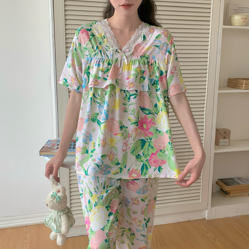 棉绸睡衣女夏季薄款防凸点短袖长裤人造棉套装人造棉家居服加大码 - 图2