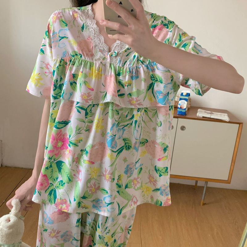 棉绸睡衣女夏季薄款防凸点短袖长裤人造棉套装人造棉家居服加大码 - 图1