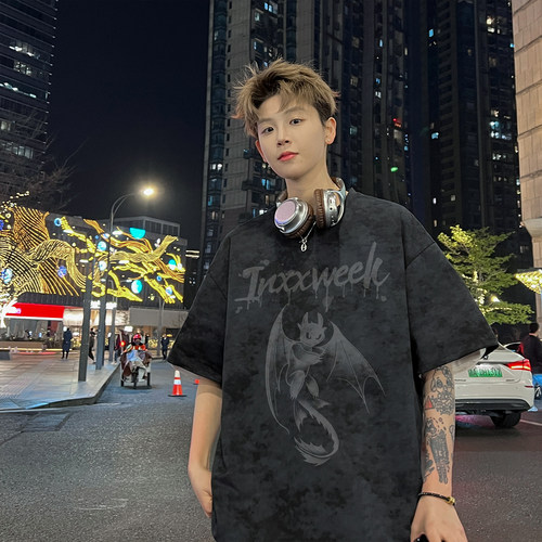 男短袖扎染潮流t恤2026新款麂皮重磅美式高街无牙仔印花半袖大码 - 图2