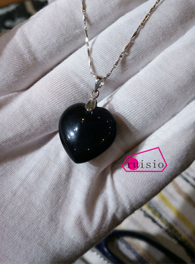 天然黑曜石吊坠银项链心形挂件