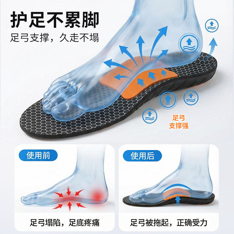足弓支撑鞋垫石墨烯运动扁平足踩屎感防臭抗菌高弹减缓震透气吸汗