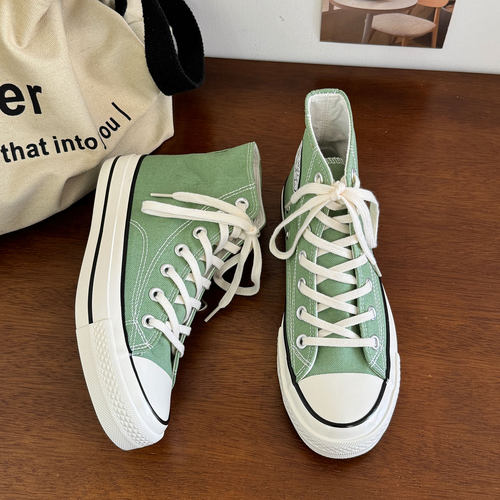 薄荷绿时尚青春潮流男女同款百搭学院系带港风休闲经典复古帆布鞋 - 图3