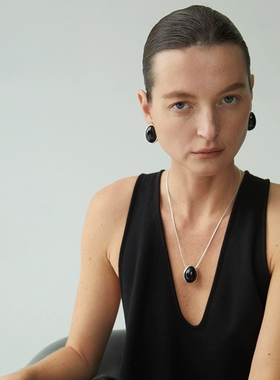 欧美复古黑玛瑙水滴吊坠项链女小众设计高级感夸张黑色椭圆耳钉