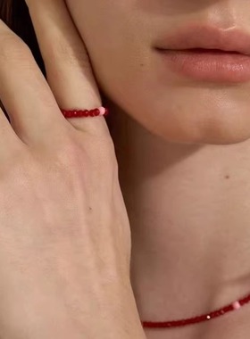 韩国mone同款复古水晶珊瑚红色手工串珠项链女chocker链戒指套装
