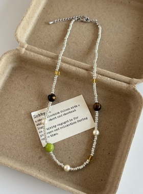 天然石虎眼石日本进口米珠手工串珠项链女度假风百搭叠戴锁骨链