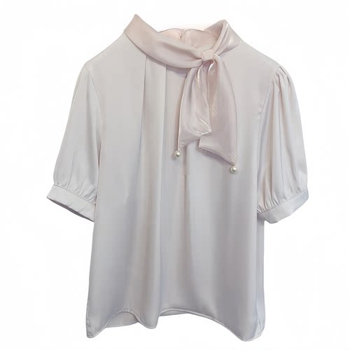 丝巾蝴蝶结短袖醋酸缎面衬衫女夏季新款气质宽松白套头雪纺衫上衣 - 图3