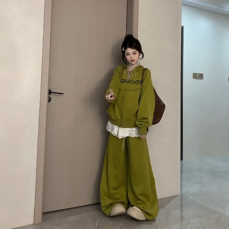 日系减龄休闲运动服套装女秋冬印花开衫卫衣外套阔腿裤宽松两件套,淘宝优惠券,粉丝福利购,淘宝优惠卷