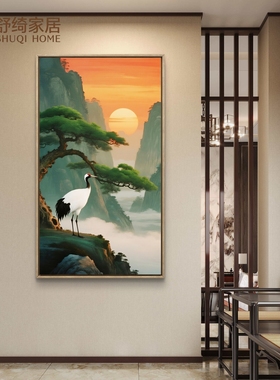 迎客松挂画喜木火仙鹤牡丹风水画定制新中式山水画富贵安康财亨通