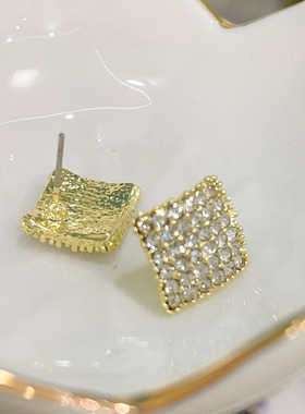红色满钻几何菱形耳钉日韩时尚