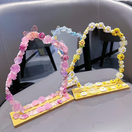 玫瑰花化妆镜手工diy制作奶油胶材料包镜子儿童礼物珍珠配件树脂 - 图3