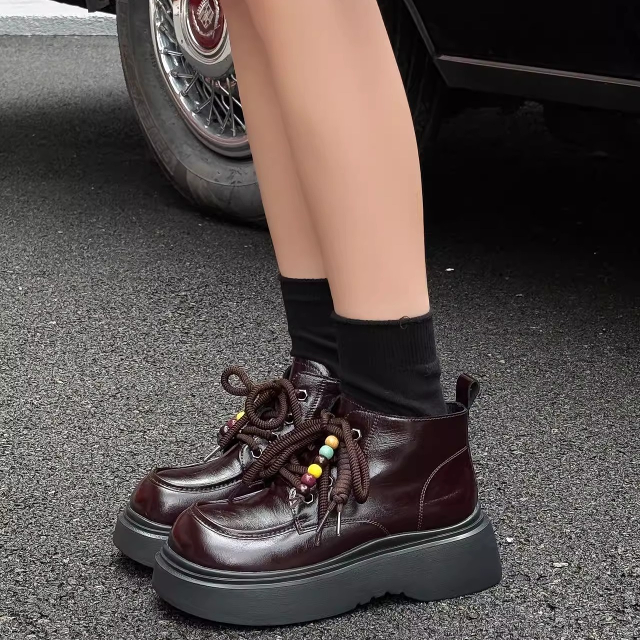 秋冬大码女鞋40-43码真皮短靴41 42百搭女靴踝靴绒里圆头厚底休闲 - 图1