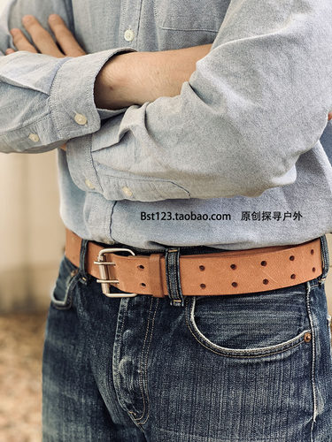 男式纯头层牛皮双针腰带针扣真皮大号皮带卡其棕黄加长复古老式 - 图2