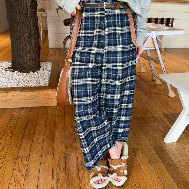 ACRAB 秋季英伦复古蓝色格纹毛呢九分阔腿高腰直筒裤休闲裤长裤女,淘宝优惠券,粉丝福利购,淘宝优惠卷