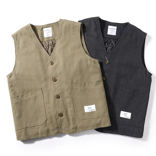 设计师款日系复古爸爸马甲男水洗棉夹棉秋冬无袖保暖背心工装坎肩 - 图0