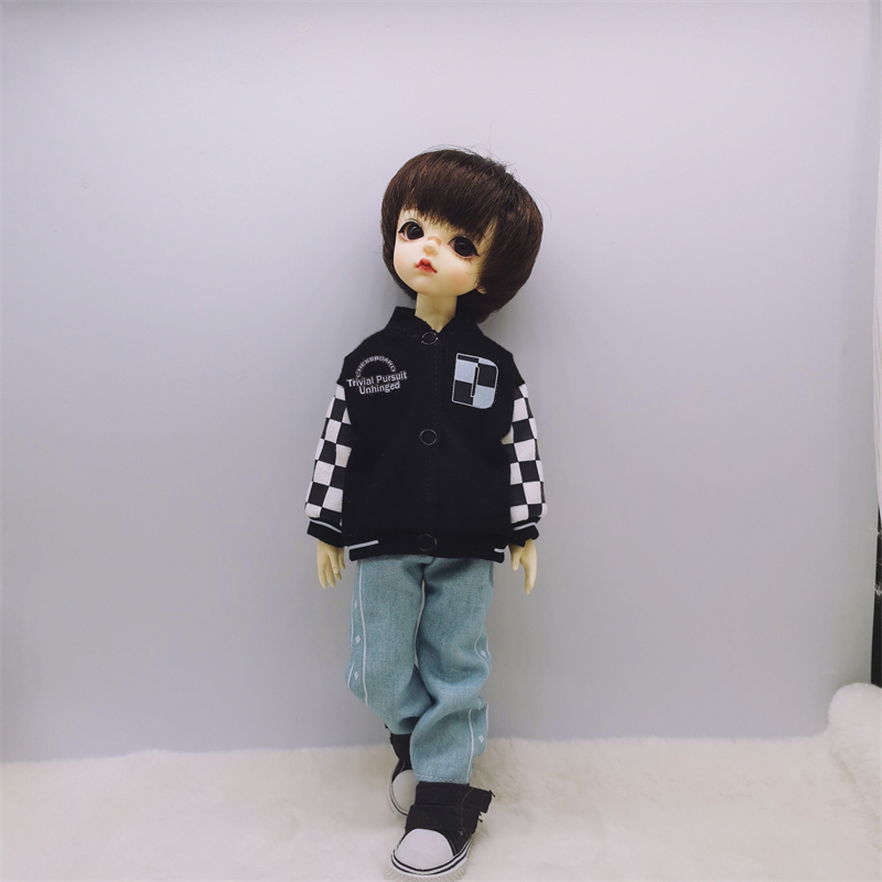 特体尺寸定制小布BJD6分8分viya娃娃衣服潮酷ob棒球服外套黑色-图1