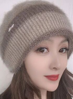 松鼠绒双层针织时尚百搭冬季堆堆帽女士编织韩版保暖帽秋冬帽子女
