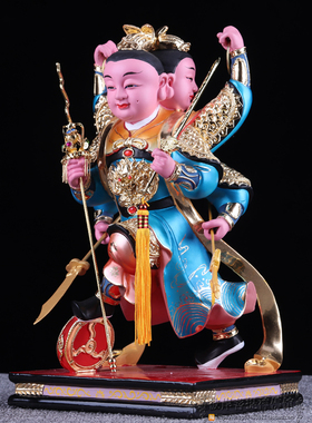 三头六臂三太子佛像李哪吒三太子香樟木雕神像家居风水摆件